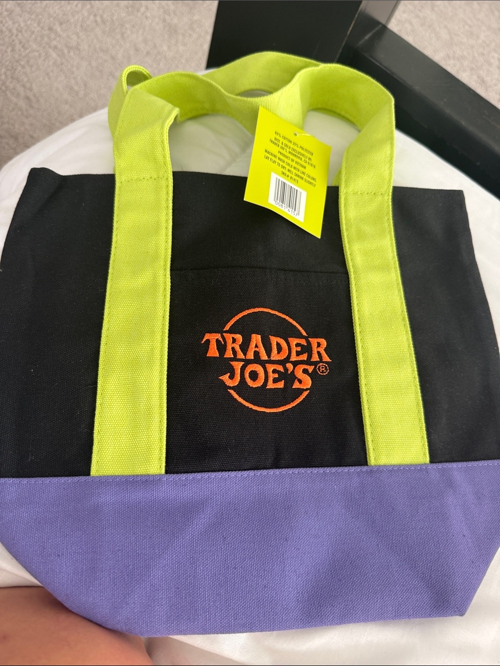 Black Canvas Tote with Lime Green Handles and Purple Base
